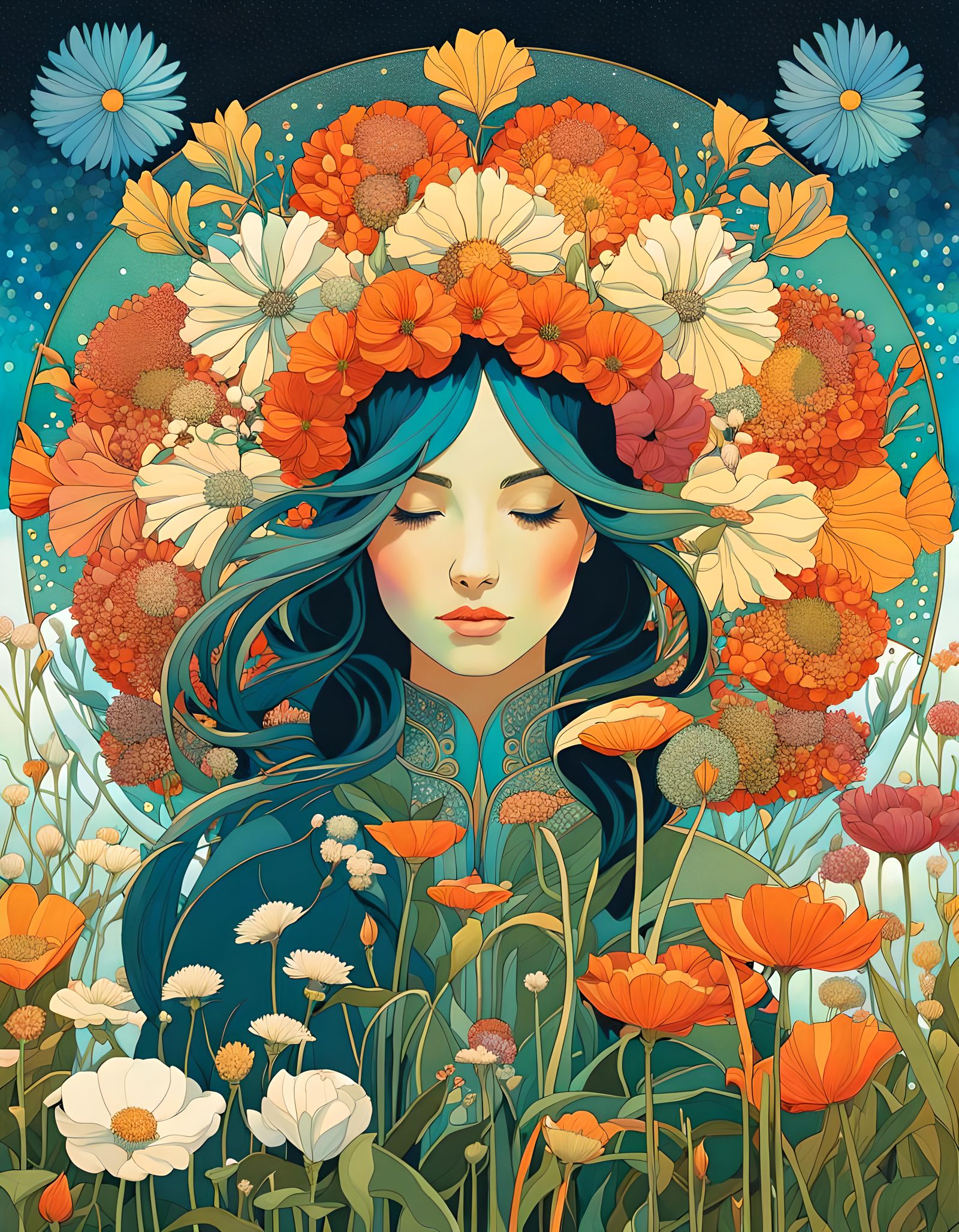 Winter and Spring Flower Field in Art Nouveau Style