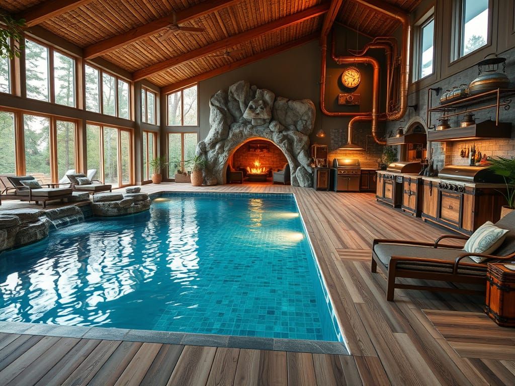 Serene Indoor Oasis with Infinity Pool and Steampunk Accents