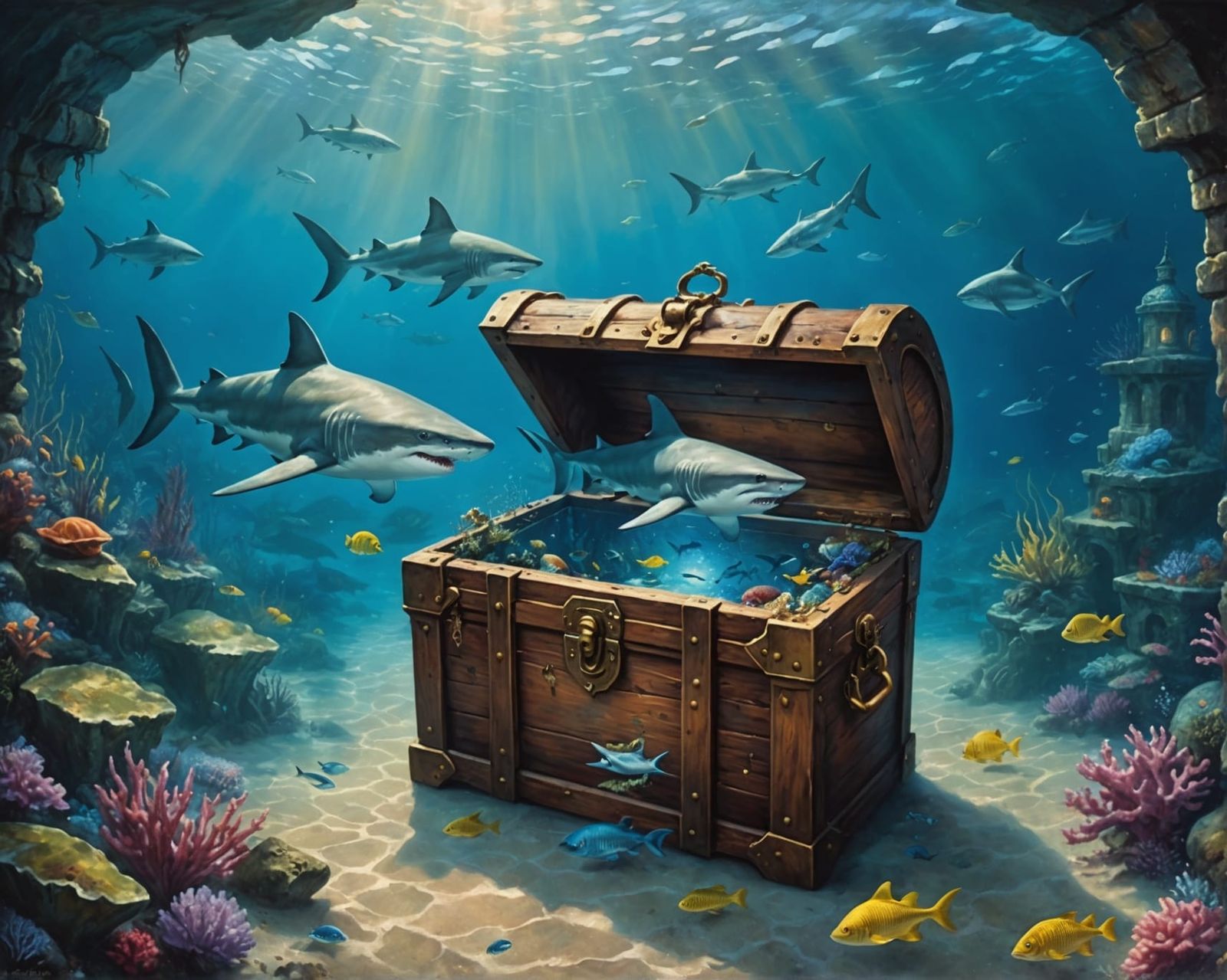 Underwater Pirate Treasure Chest in Oil Painting Style