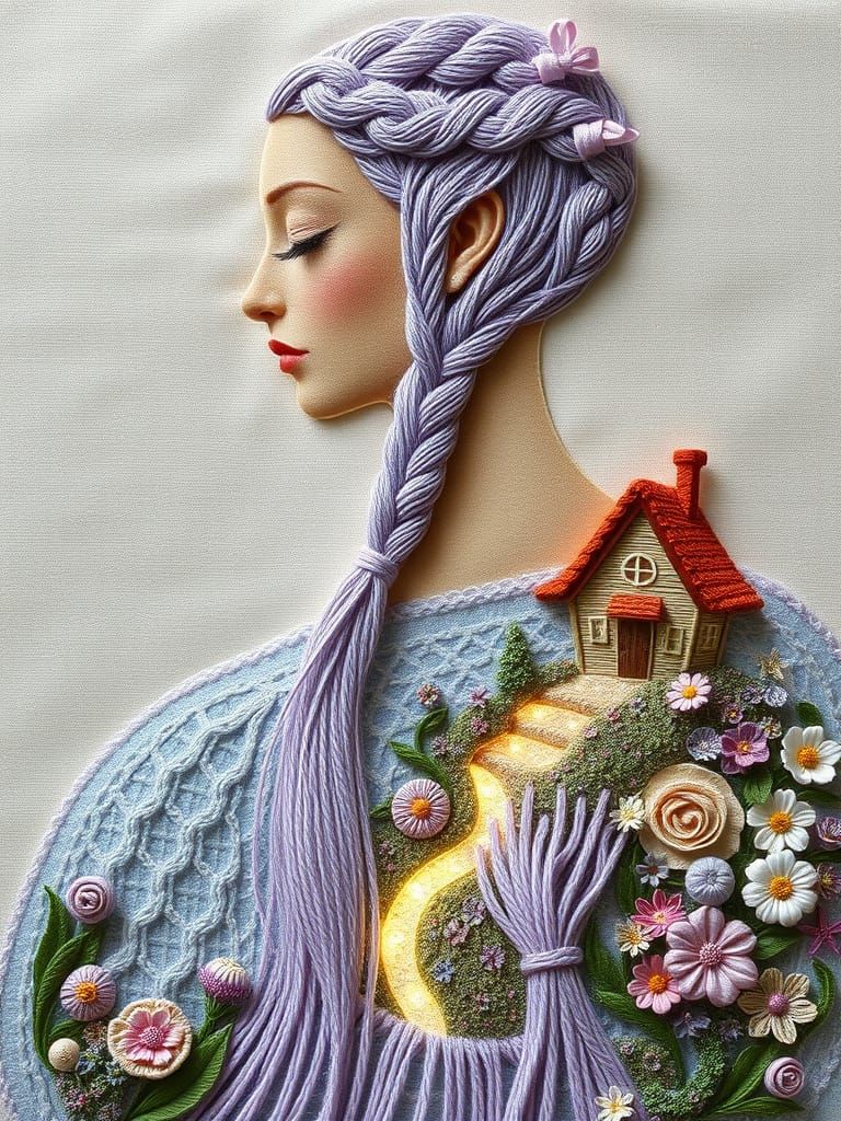 Embroidered Woman in Lavender Dress with Thread Waterfall