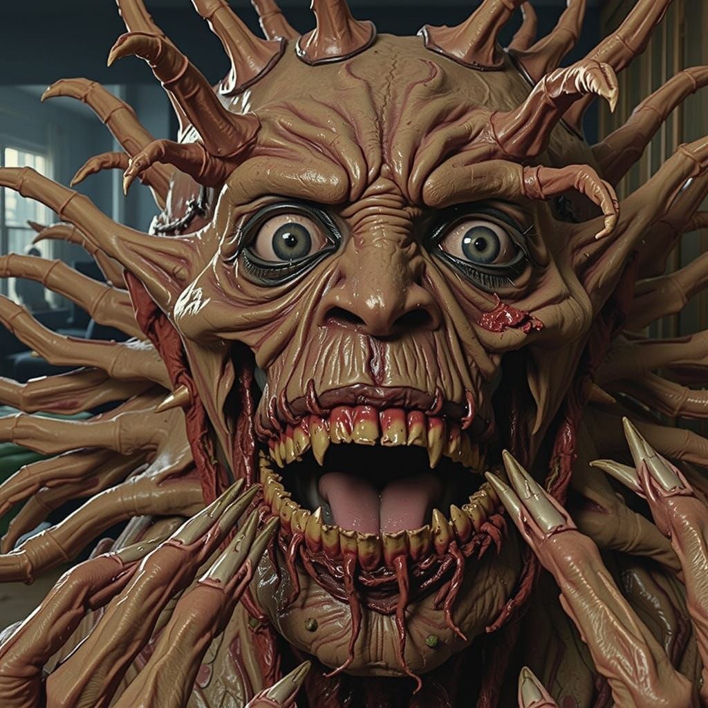 Terrifying Fusion: A Grotesque Entity in Dark Bedroom