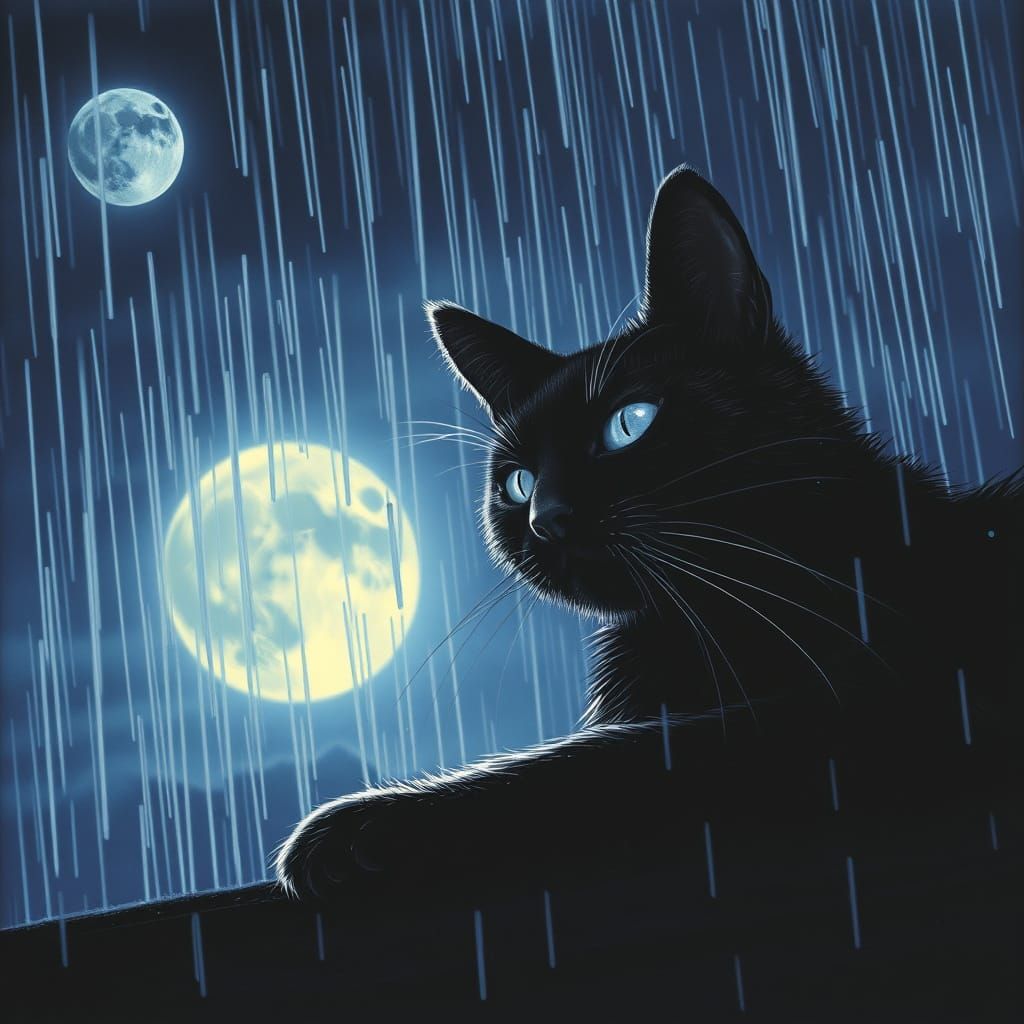 Chat Noir in Rain: Dark Surrealist Nightscape