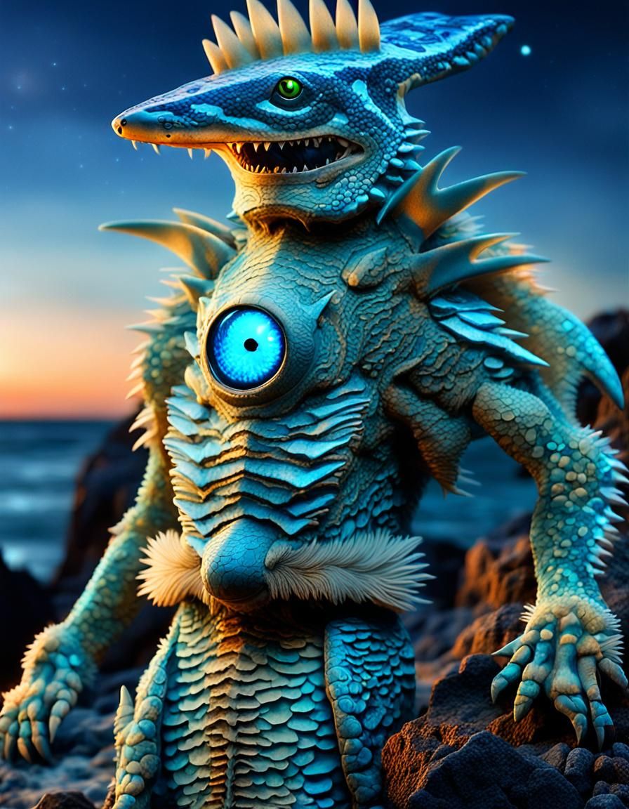 Biomechanical Bobcat-Shark Hybrid on Rocky Shoreline