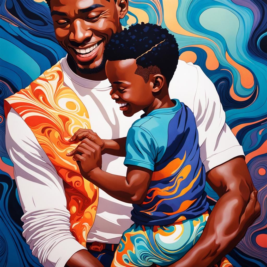 Father and Child in Marbling Gouache Illustration