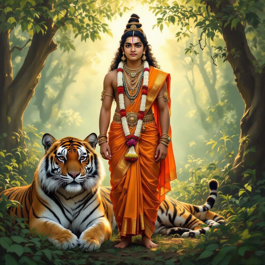 Lord Ayyappa in Forest: Raja Ravi Varma Style