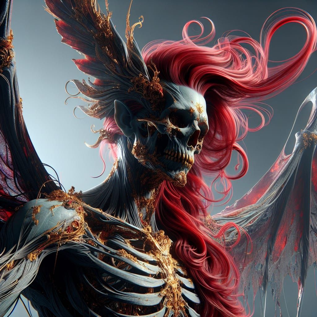 Skeletal Deity with Red Hair and Bat Wings