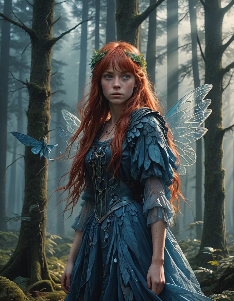 Enchanting Red-Haired Fairy in Misty Forest