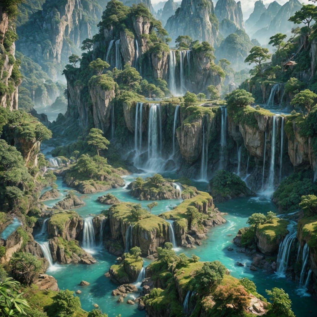 Fantastical Landscape with Pure Waterfalls in Matte Painting