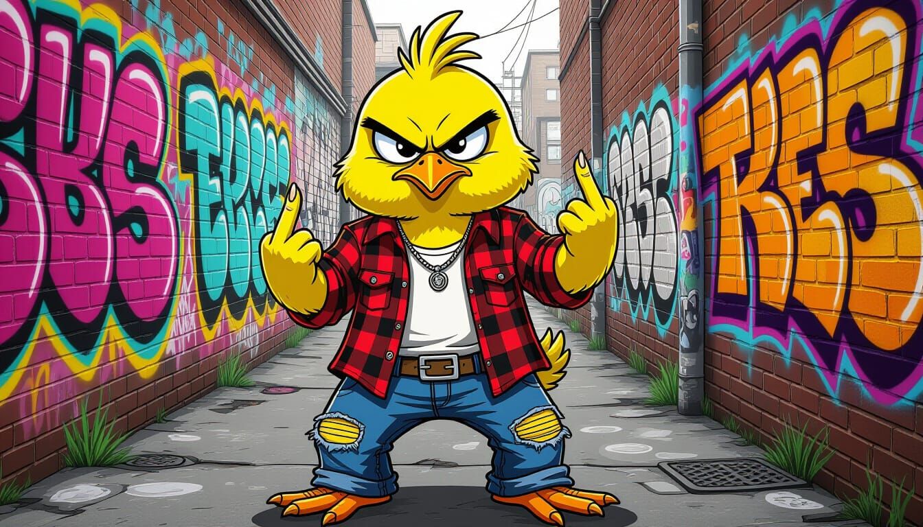 Angry Chick Flips Bird in Grungy Alley
