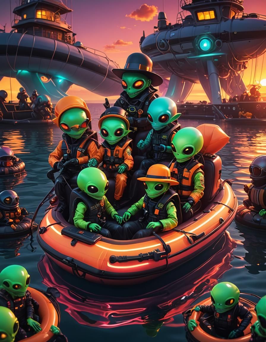 Neon Aliens in Lifeboat at Sunset: Hyperrealistic Art