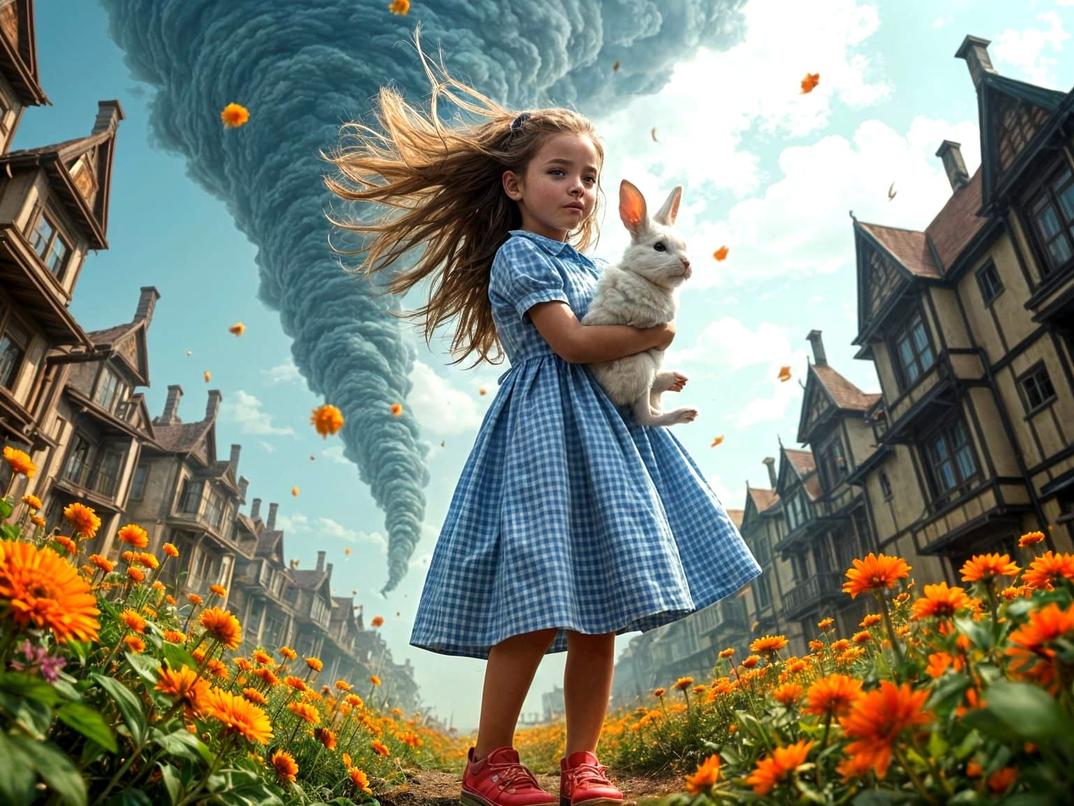 Girl in Tornado with Rabbit, Cinematic Wide-Angle