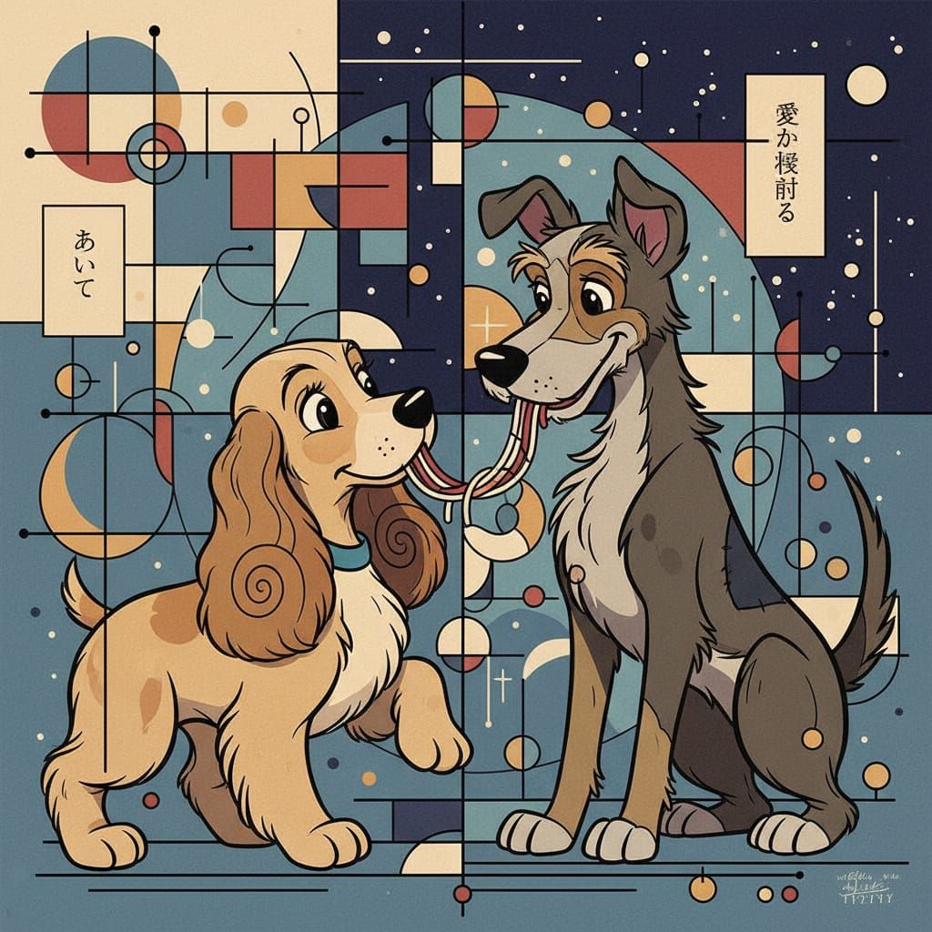 Anime Lady and The Tramp in Cubist Style