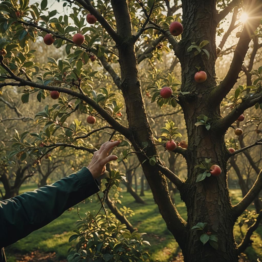Person Reaching for Apple: Hyperrealistic Cinematic Still