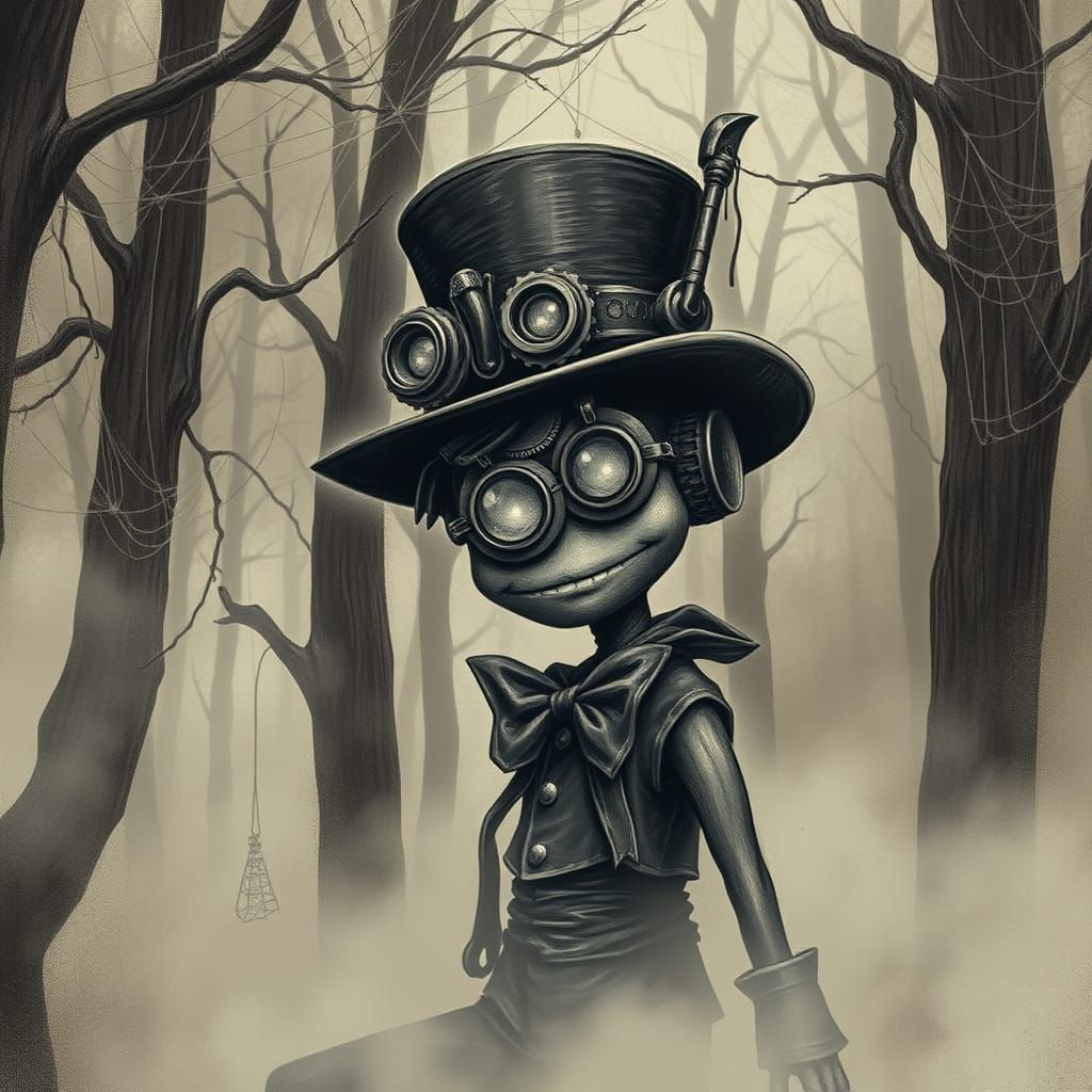Steampunk Pinocchio Amidst Spooky Foggy Forest