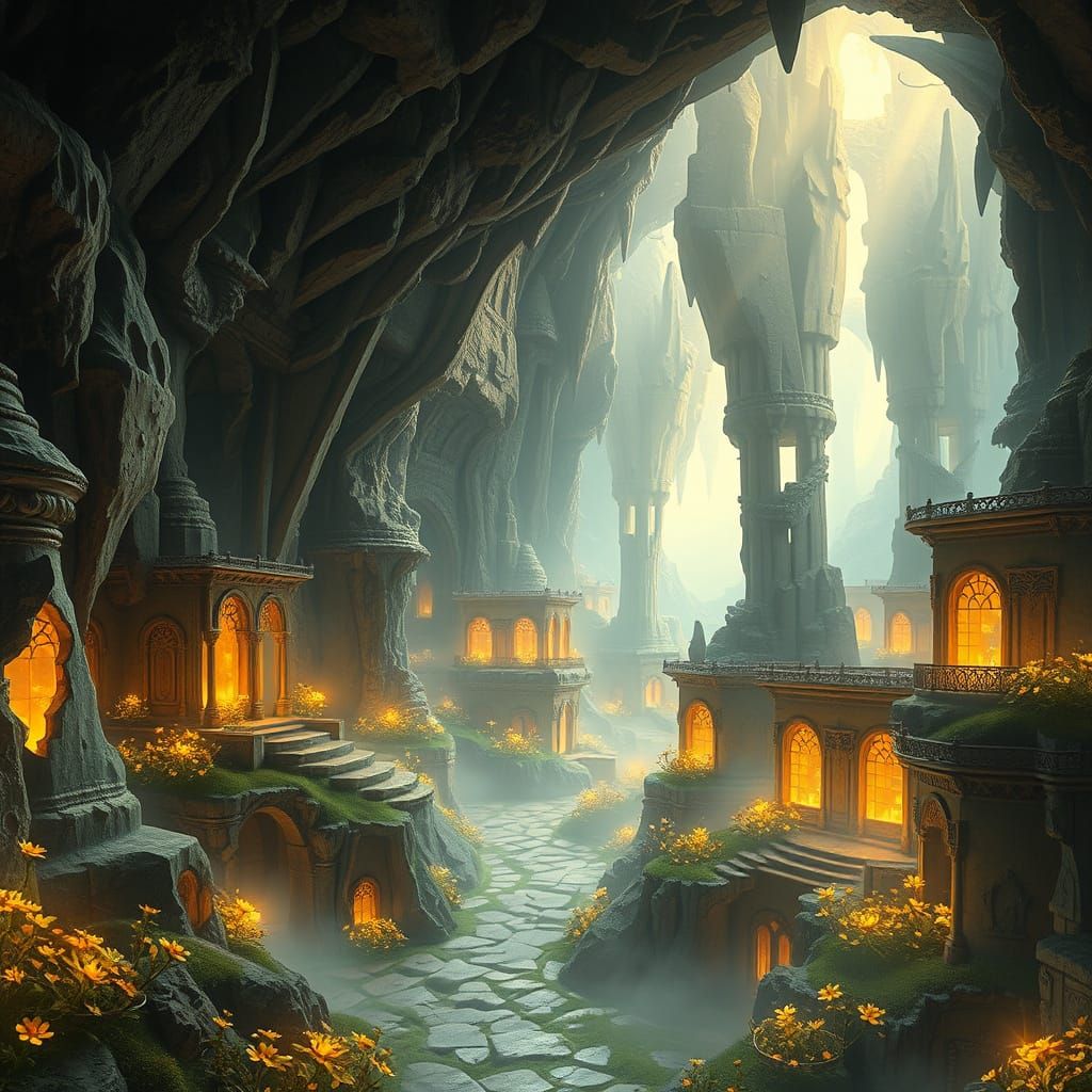 Ethereal Underground City in Glowing Mist