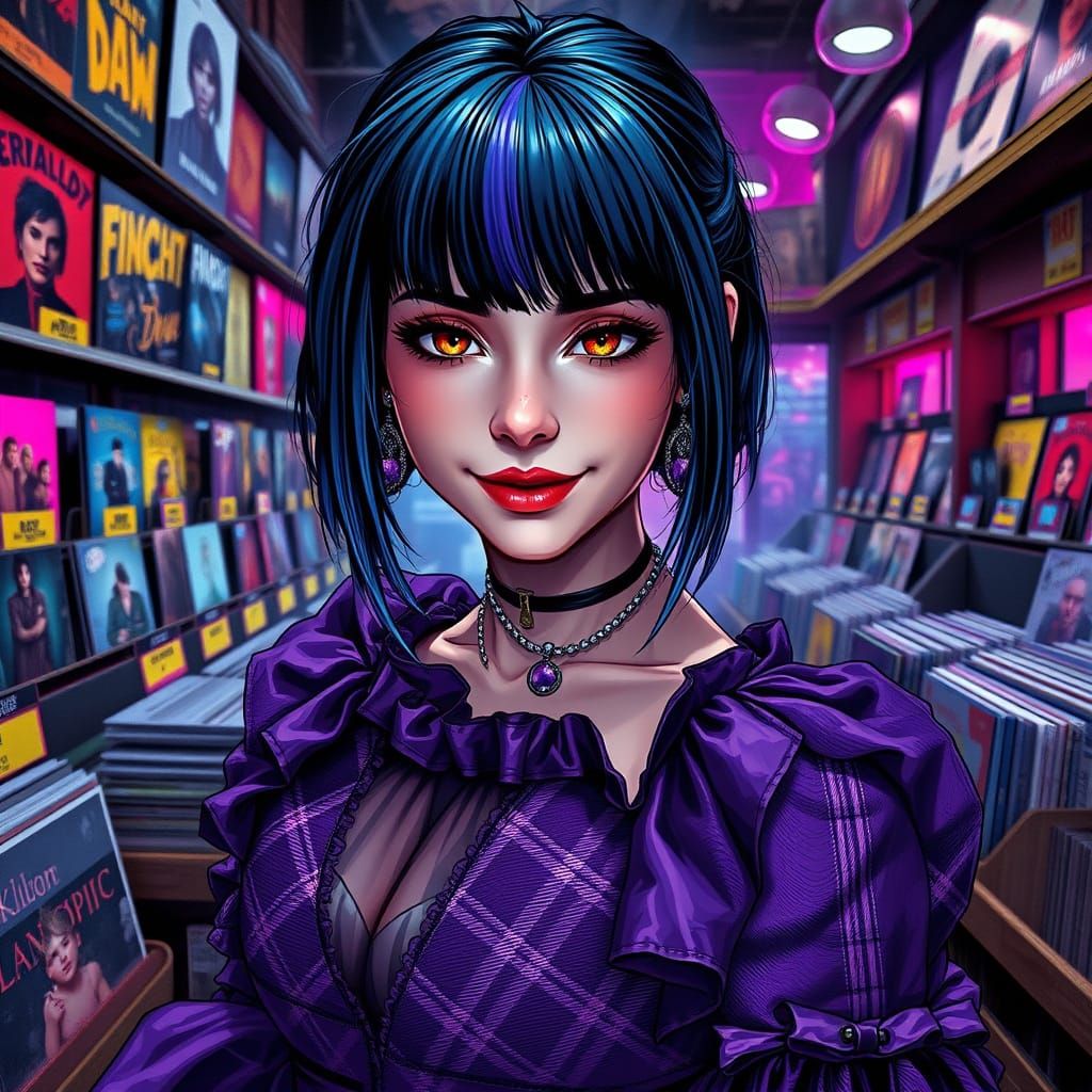 Punk Rock Woman in Purple Plaid Gown at Record Store