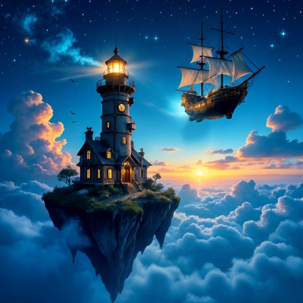 Steampunk Lighthouse on Floating Island at Night