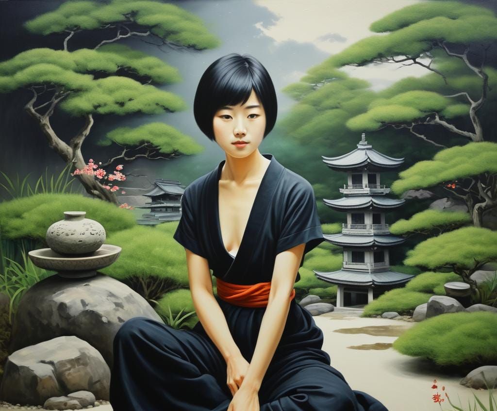 Japanese Woman in Zen Garden: Oil Painting