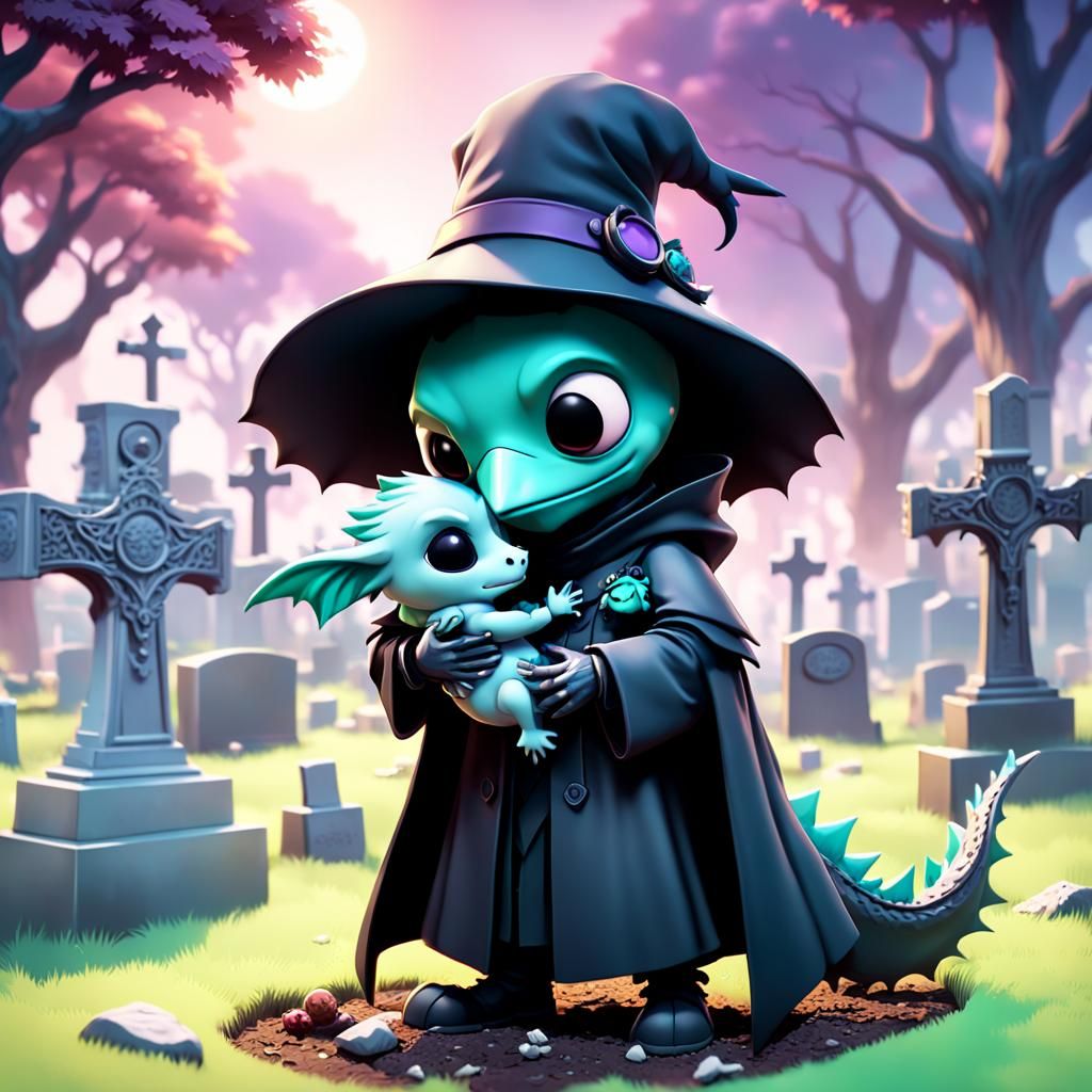 Chibi Plague Doctor with Dragon in Cemetery