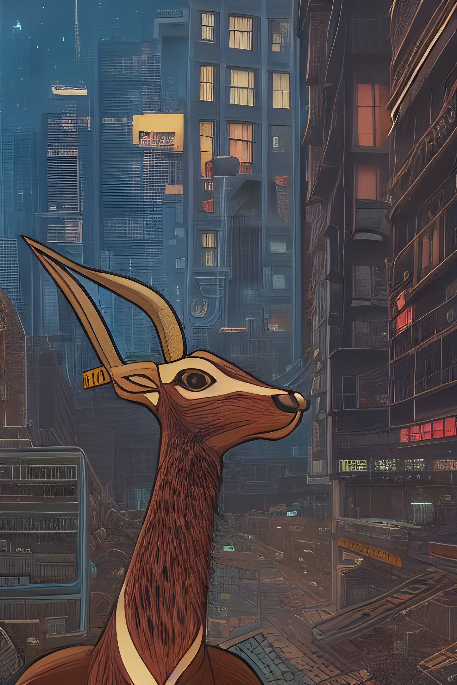 Steampunk Gazelle in Cyberpunk City, Digital Illustration