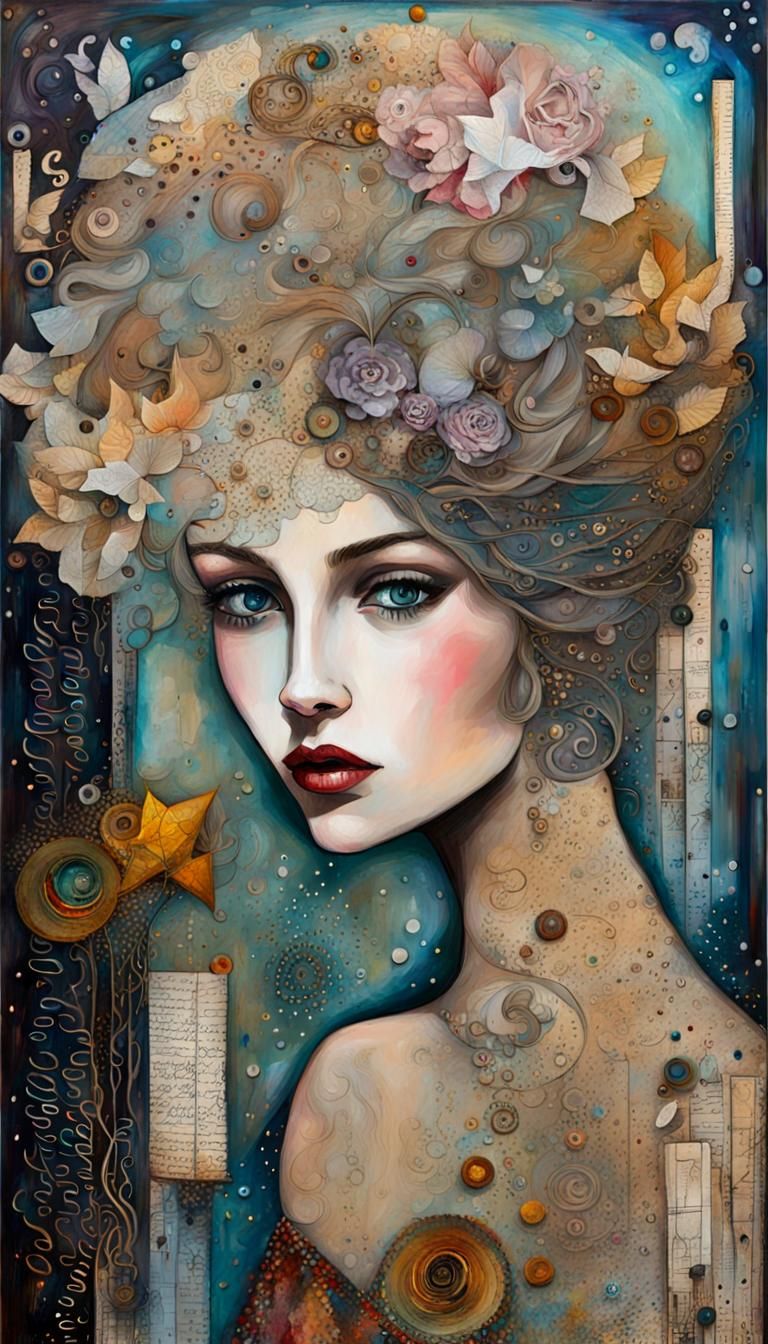 Starlight Woman: Mixed-Media Painting with Collage