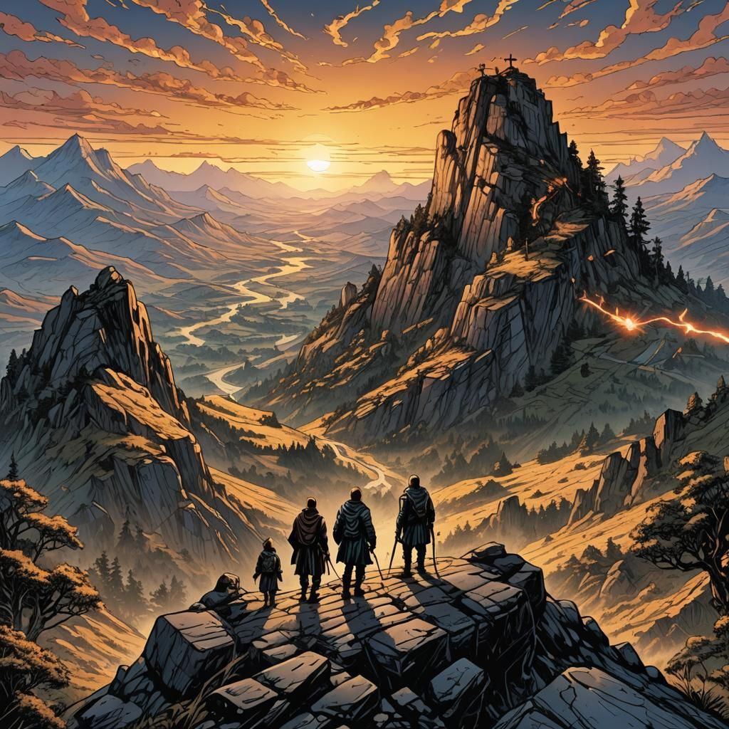 Mountain Cross Sunrise in Comic Book Art