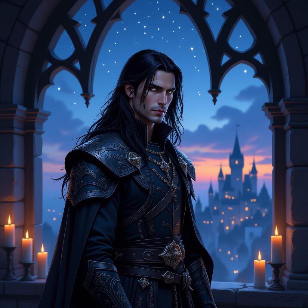 Dark Mage Overlooking Starry Night from Castle