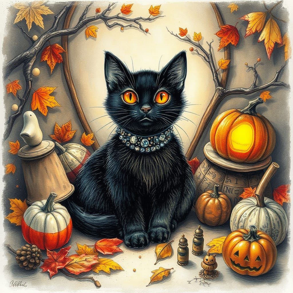 Halloween Black Cat Pencil Drawing with Autumnal Decorations