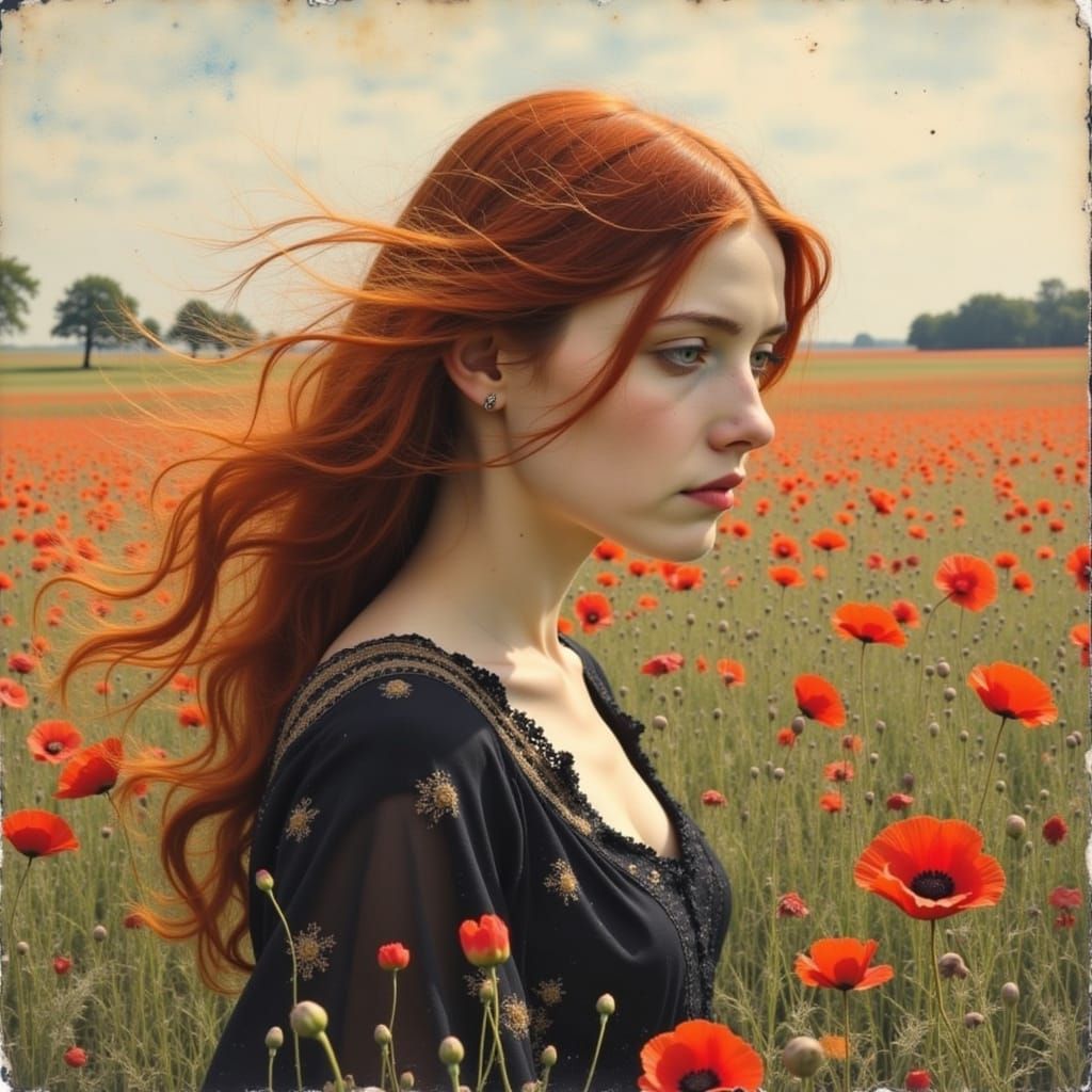 Victorian Woman in Poppy Field: A Gouache and Watercolor Pai...