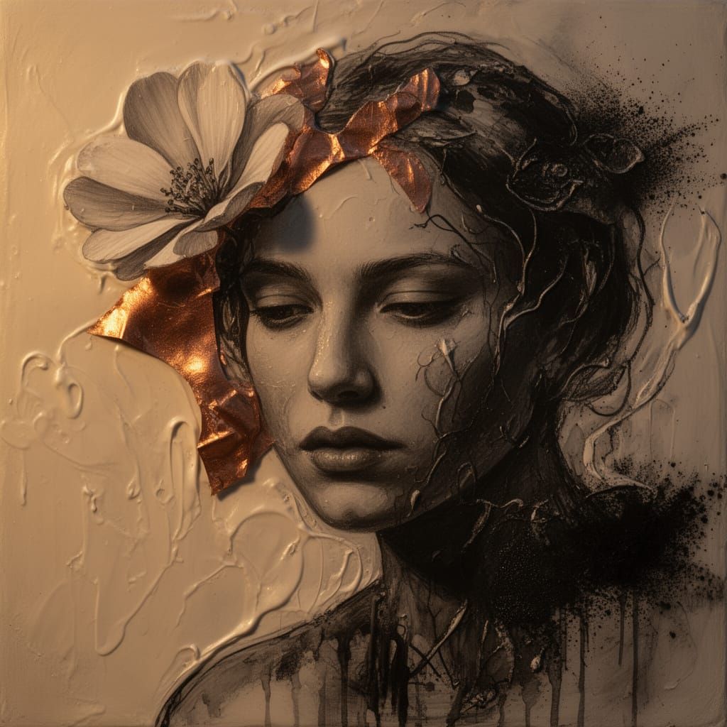 Monochromatic Surreal Portrait with Tactile Mixed Media Coll...