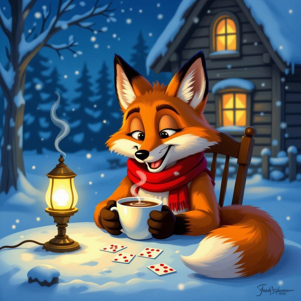 Cozy Fox Playing Solitaire in Cottage, Oil Painting