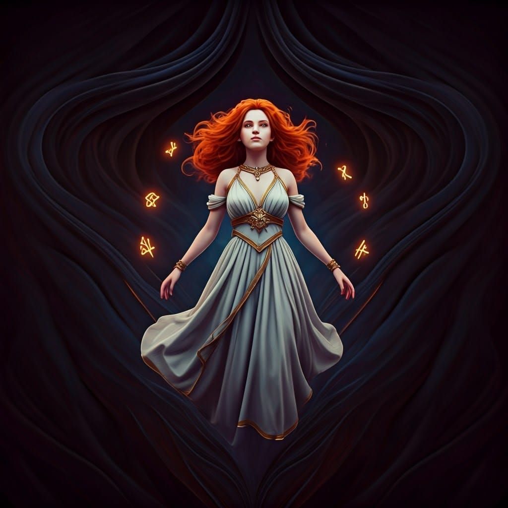 Mystical Woman with Red Hair in Surreal Scene