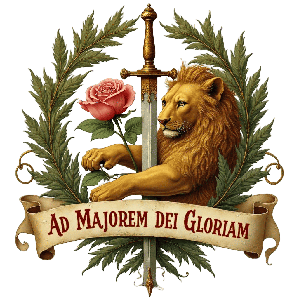 Ornate Lion Crest with Rose and Laurel, Illuminated Style