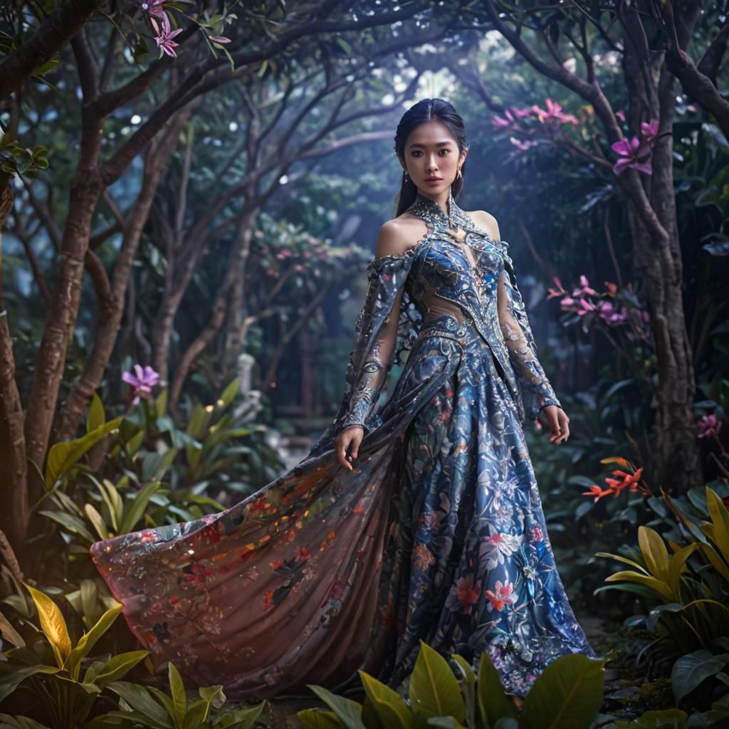 Exotic Beauty in Lush Garden: Digital Portrait