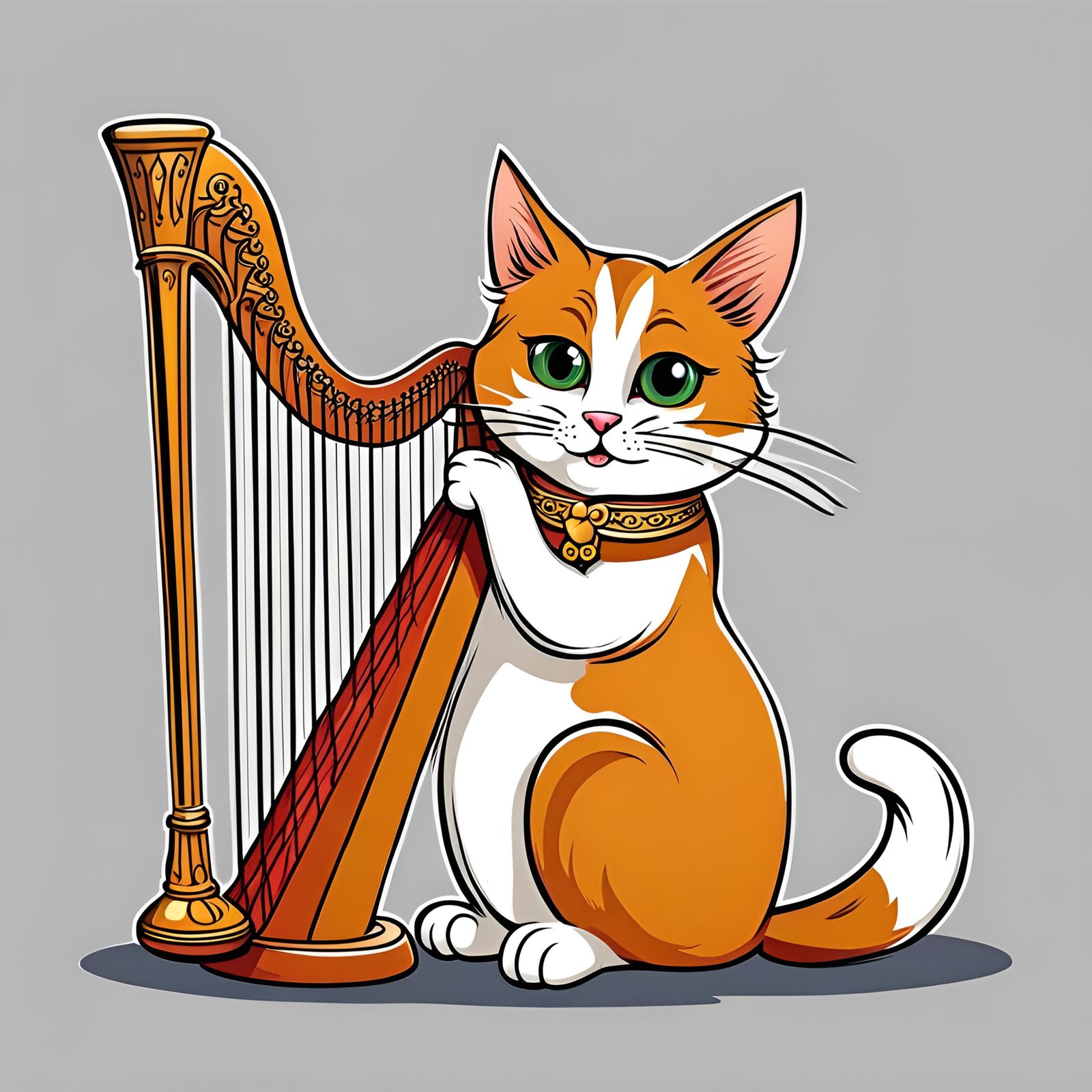 Cartoon Cat Caricature Playing Harp on White