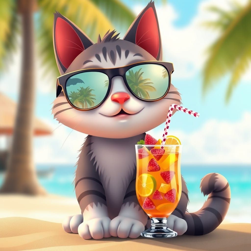 Cartoon Cat Enjoying Tropical Oasis with Vibrant Drinks