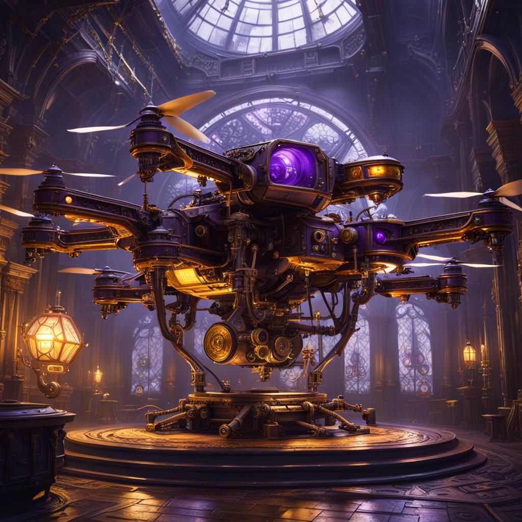 Steampunk Drone Home in Dark Fantasy Concept Art