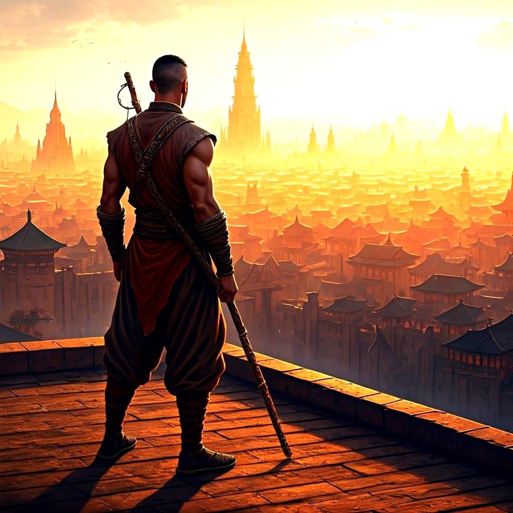 Warrior Monk Overlooking Fantasy City, Detailed Matte Painti...