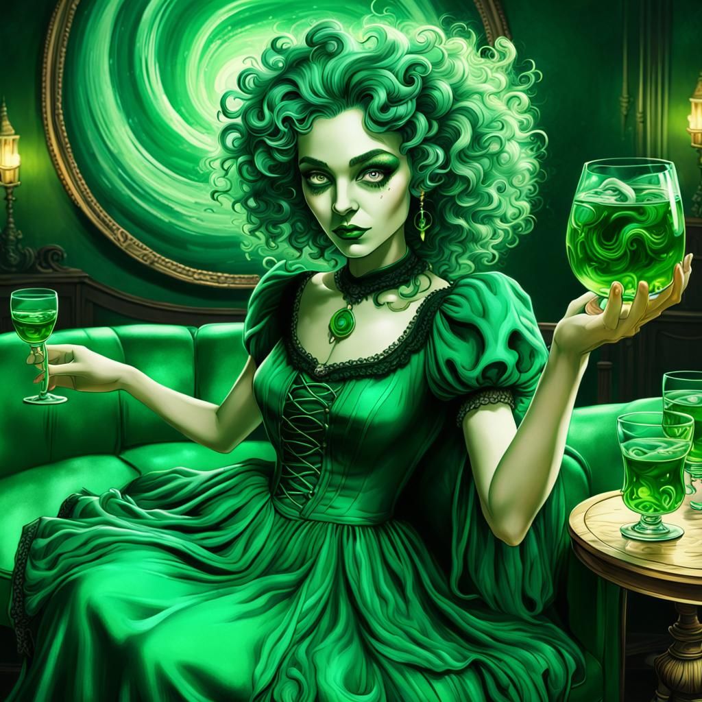 Green Witch Enjoying Absinthe: Dark Fantasy Art