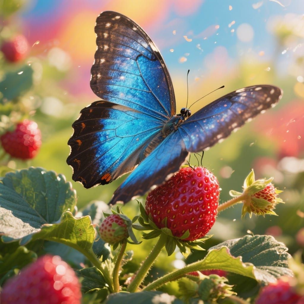 Blue Morpho Butterfly on Strawberry Plant in Splash Art Styl...