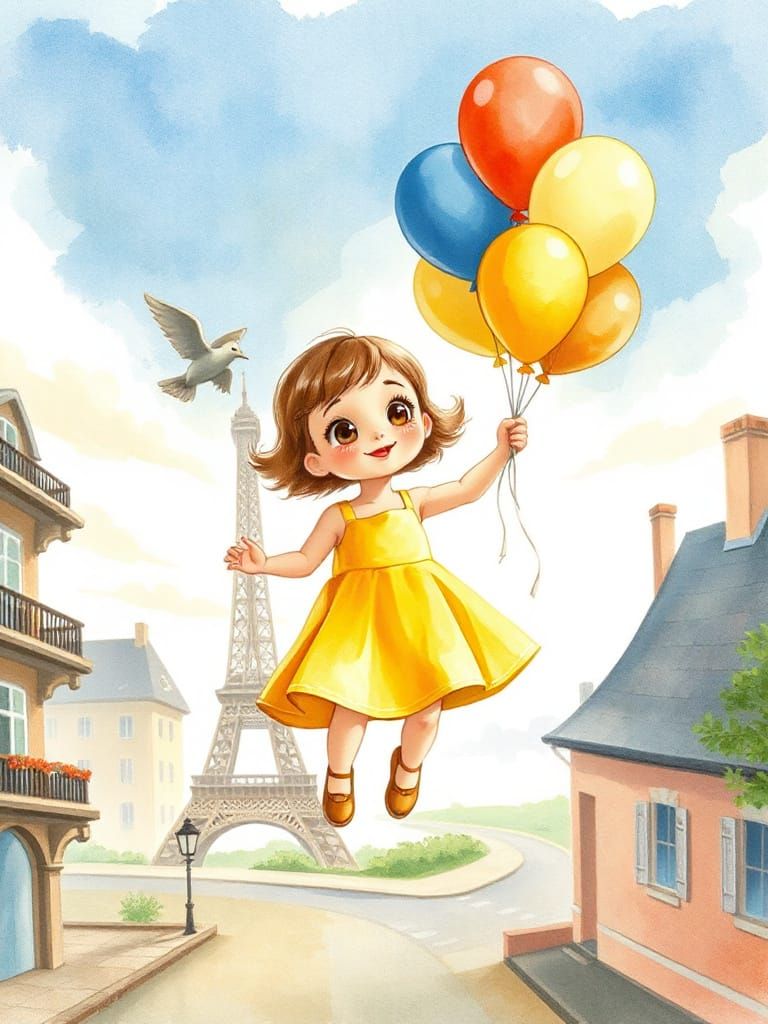 Child Floats with Balloons Above Paris in Watercolor
