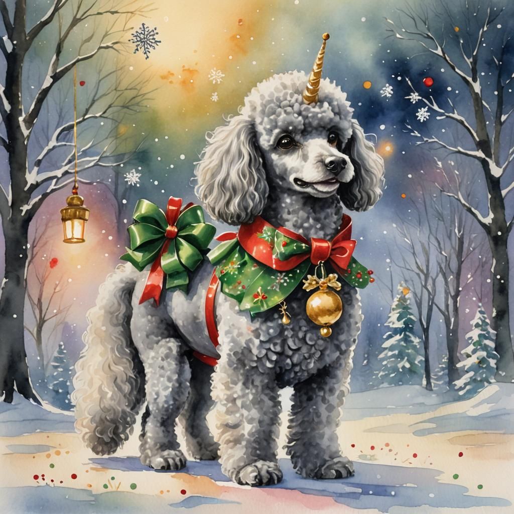Festive Poodle and Unicorn in Watercolor Winter Scene
