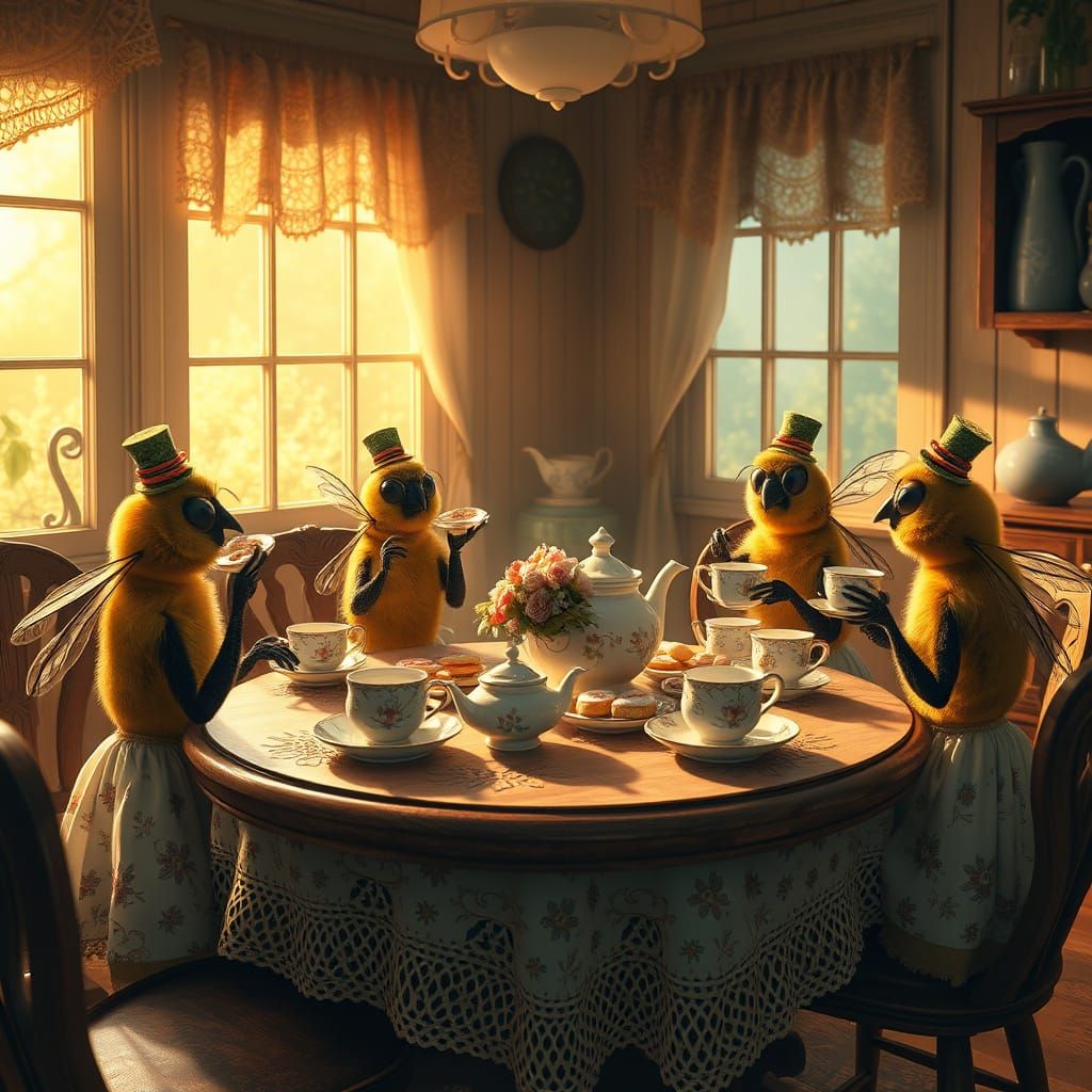 Whimsical Bees Enjoy Tea and Cookies in Grandma's Cozy Kitch...