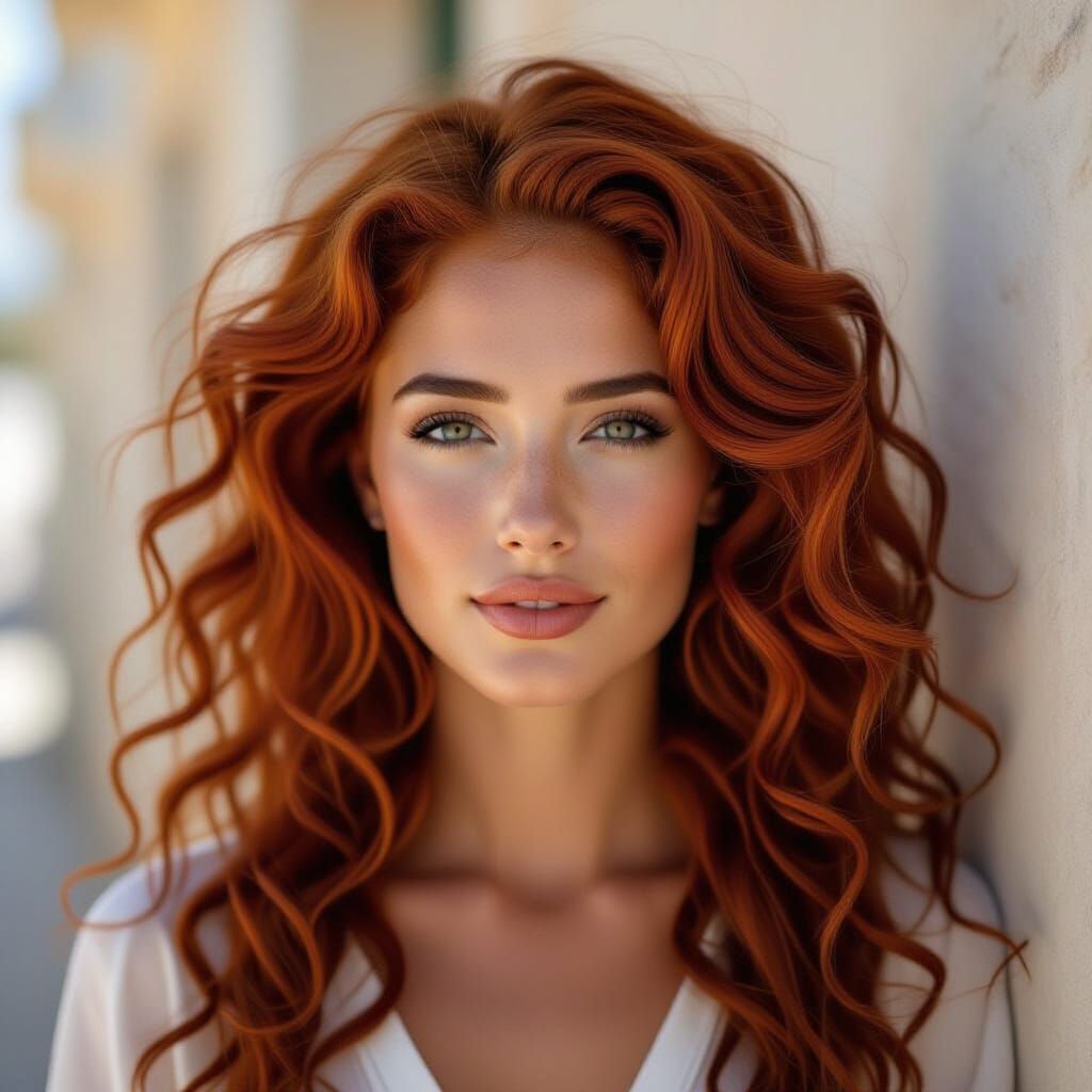 Beautiful Greek Woman with Striking Red Curly Hair