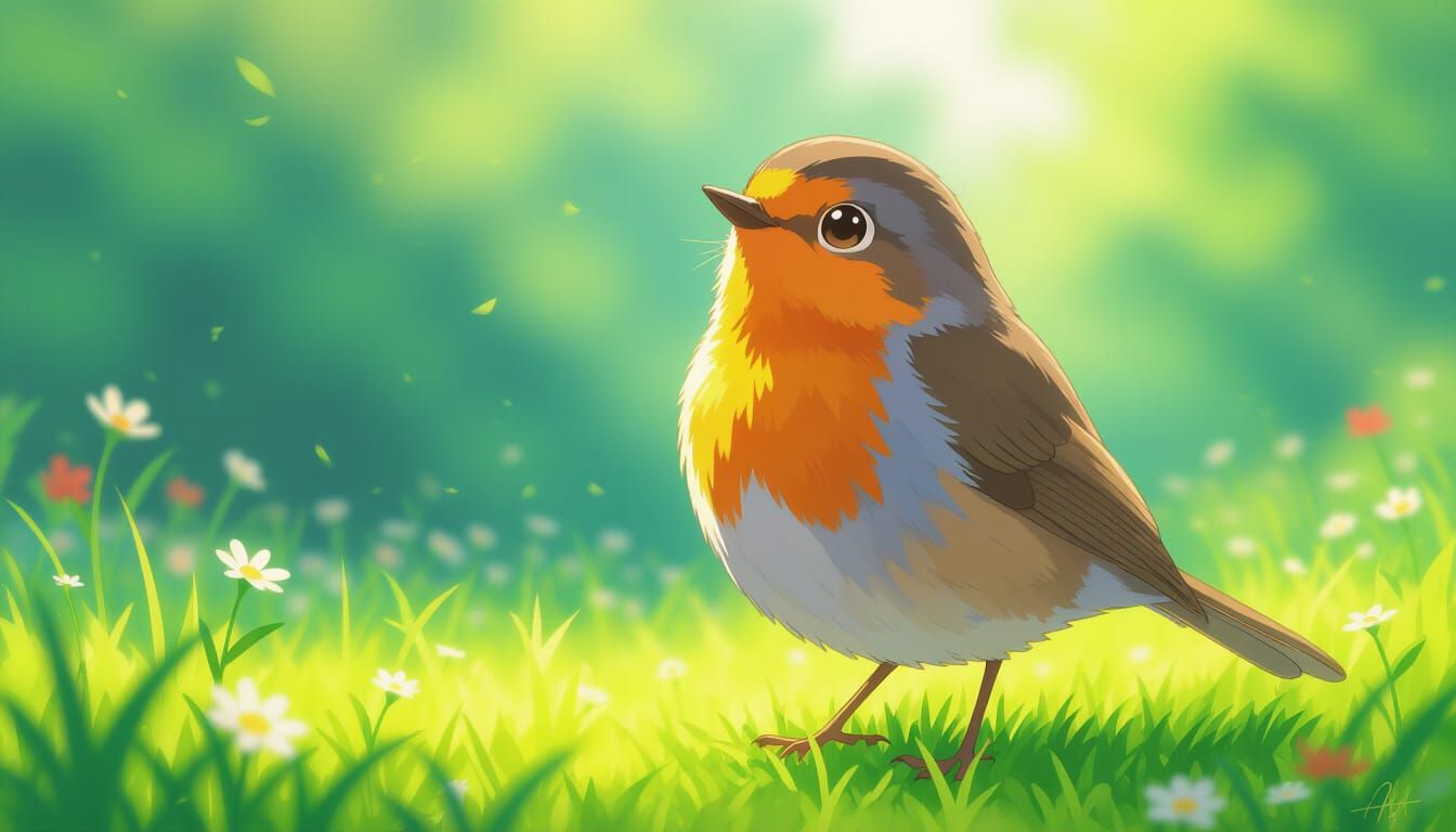 Proud Cartoon Robin on Grassy Lawn in Anime Style