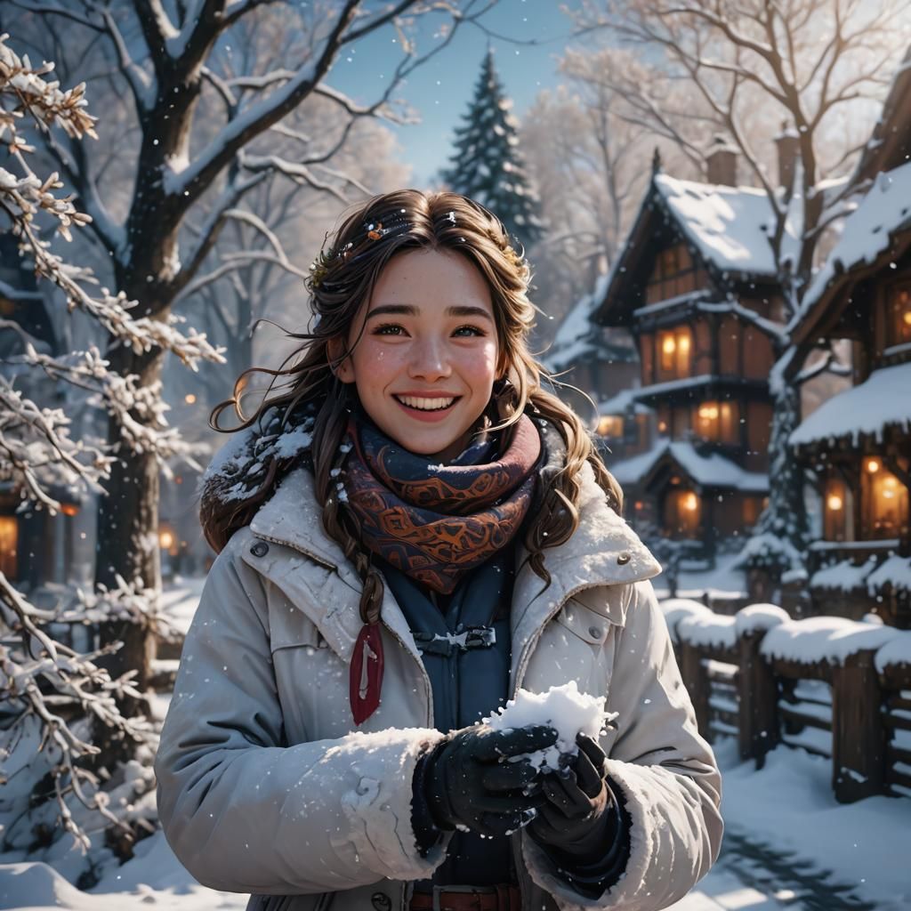 Happy Girl Enjoying Snowy Weather