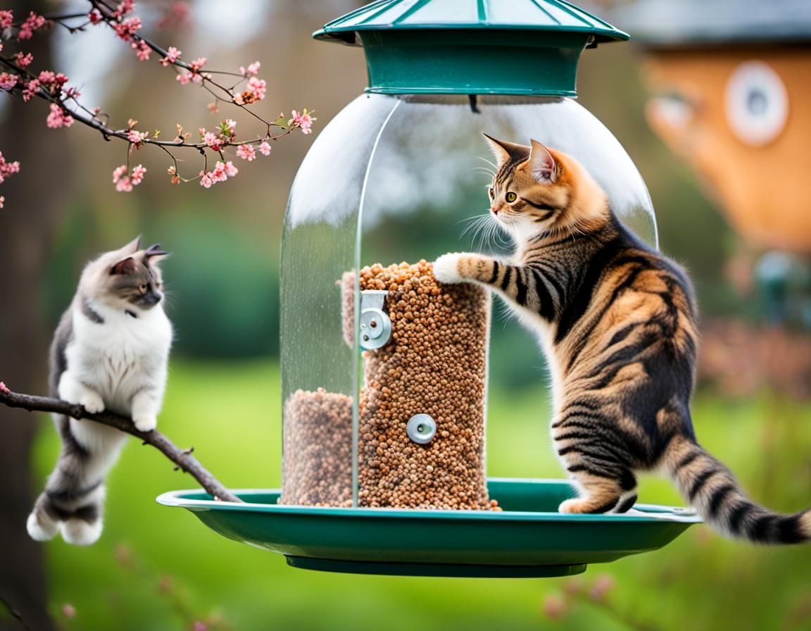 Siberian Cat Attacks Bird Feeder: Professional Photography