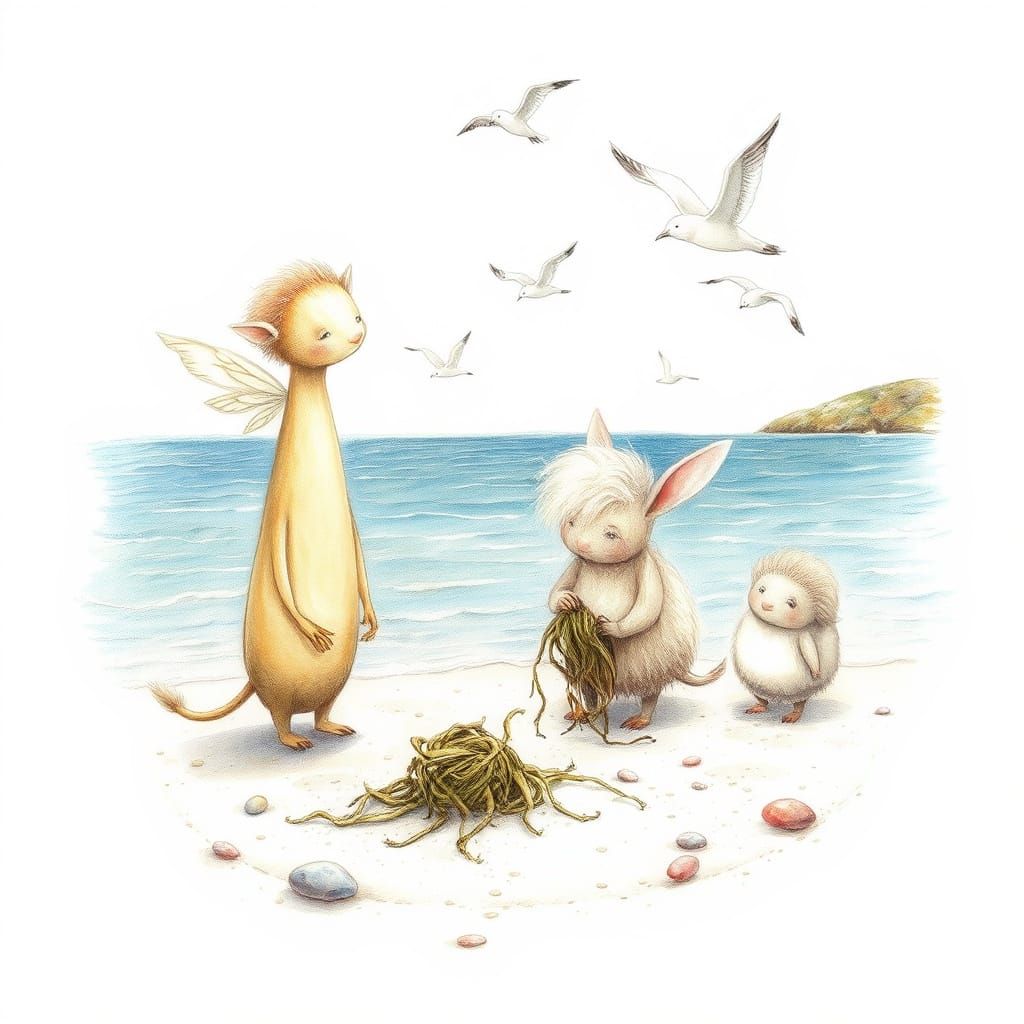 Enchanted Beach Scene in Whimsical Watercolor Style