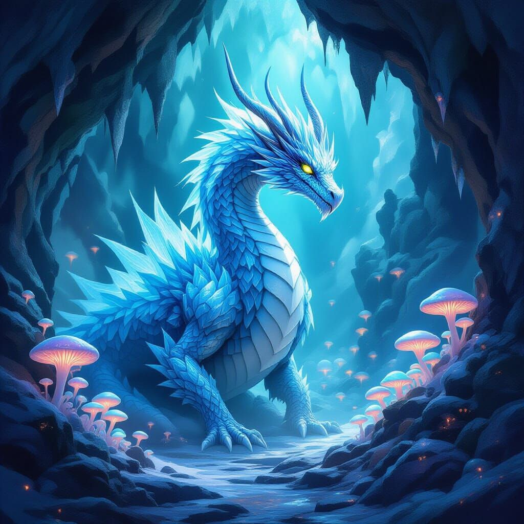 Ice Dragon Guards Luminescent Fungi Grotto