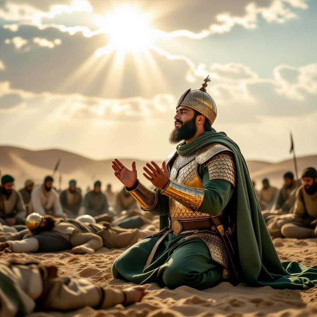 Victorious Islamic General Kneels in Desert After Battle